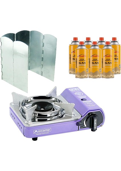 Mini Portatif Kamp Ocağı Mor + 6 Kanatlı Rüzgarlık + 7 Evolite 227 Gr Gaz Kartuşu Evo-005-E6