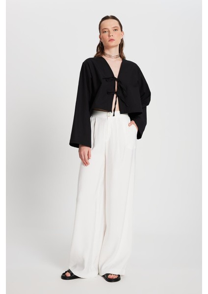 Kadın Ekru Kendinden Desenli Palazzo Pantolon 29099