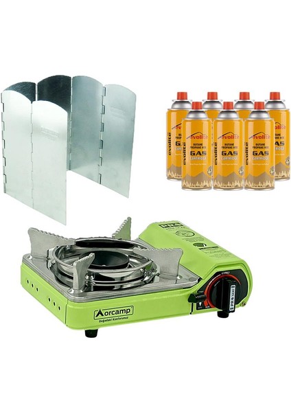 Mini Portatif Kamp Ocağı Yeşil + 6 Kanatlı Rüzgarlık + 7 Evolite 227 Gr Gaz Kartuşu Evo-006-E6