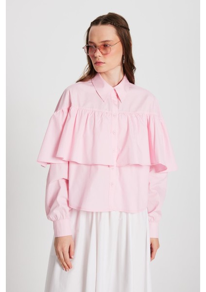 Kadın Pembe Fırfırlı Pamuk Kumaş Geniş Kesim Gömlek 29136