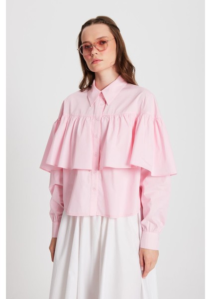 Kadın Pembe Fırfırlı Pamuk Kumaş Geniş Kesim Gömlek 29136 fırsatları