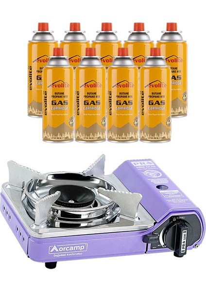 mini portatif kamp ocağı mor + 9 evolite 227 gr gaz kartuşu evo-005-a8