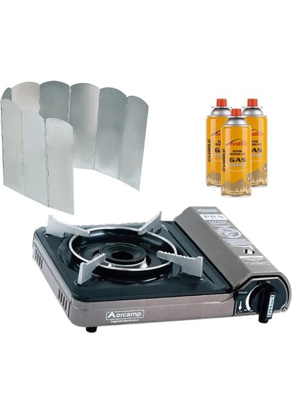 portatif kamp ocağı gri + 9 kanatlı rüzgarlık + 3 evolite 227 gr gaz kartuşu evo-001-h2