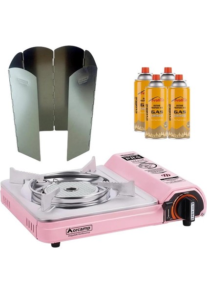 seramik pro portatif kamp ocağı pembe + 6 kanatlı rüzgarlık + 4 evolite 227 gr gaz kartuşu evo-008-h3