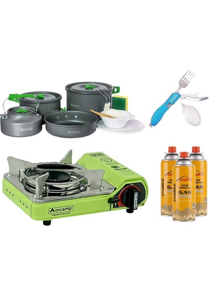mini portatif kamp ocağı yeşil + 4'lü tencere seti + çkb(out-1350-m) + 3 evolite 227 gr gaz kartuşu evo-006-d6