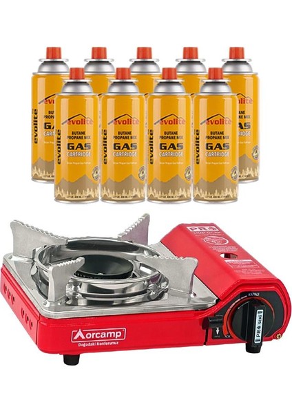 mini portatif kamp ocağı kırmızı + 9 evolite 227 gr gaz kartuşu evo-004-a8