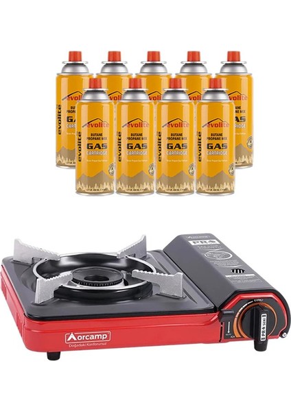 portatif kamp ocağı kırmızı + 9 evolite 227 gr gaz kartuşu evo-002-a8