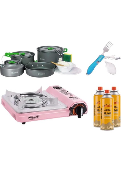 seramik pro portatif kamp ocağı pembe+ 4'lü tencere seti + çkb(out-1350-m) + 3 evolite 227 gr gaz kartuşu evo-008-d6