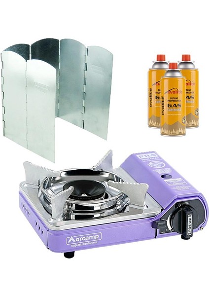 Mini Portatif Kamp Ocağı Mor + 6 Kanatlı Rüzgarlık + 3 Evolite 227 Gr Gaz Kartuşu Evo-005-E2