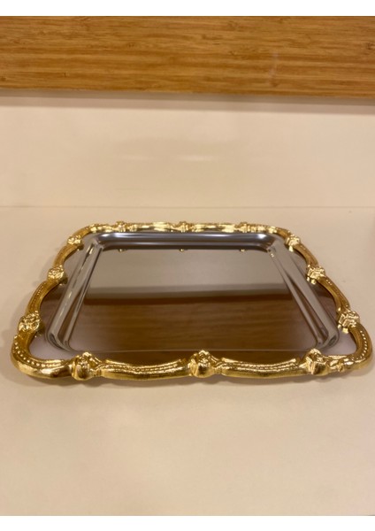 Tepsi Tek Kişilik Kahve Çay Sunum Kare Gümüş Altın 24X24 cm