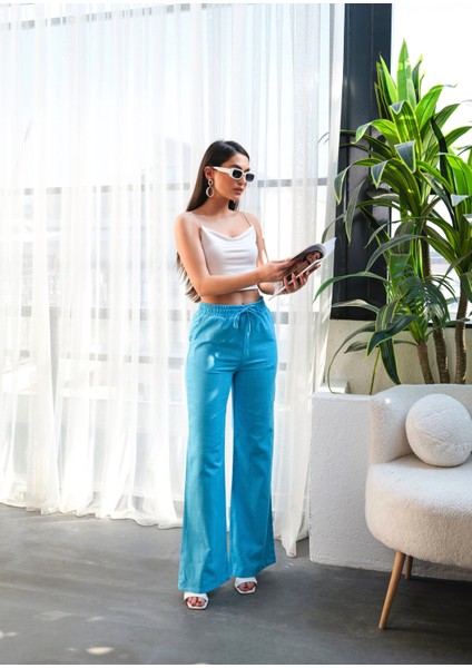 Kadın Beli Lastikli ve Bağcıklı Geniş Paça Keten Pantolon