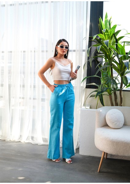 Kadın Beli Lastikli ve Bağcıklı Geniş Paça Keten Pantolon fırsatları