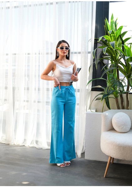 Kadın Beli Lastikli ve Bağcıklı Geniş Paça Keten Pantolon indirimleri