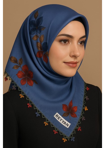 Kenarları Çiçek Desenli El Işi Iğne Oyalı Yazma Mavi
