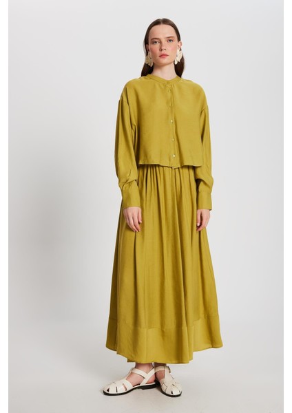 Kadın Yağ Yeşili %100 Modal Hakim Yaka Kısa Gömlek 29147