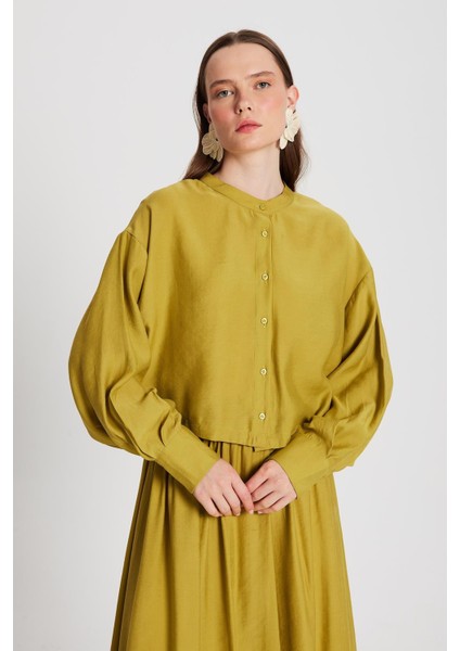 Kadın Yağ Yeşili %100 Modal Hakim Yaka Kısa Gömlek 29147 fiyatları