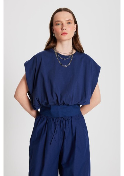 Kadın Lacivert Örme ve Dokuma Garnili Tasarım Bluz 29157