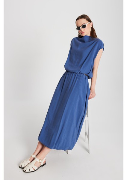 Kadın Indigo Modal Kumaş Alt/üst Bluz ve Etek Balon Takım 29237