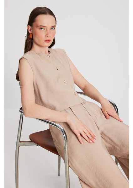 Kadın Bej Hannah Düğmeli Yelek 29090