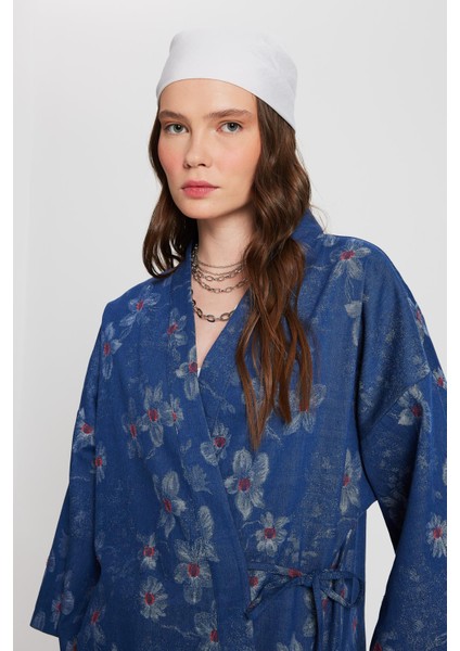 Kadın Indigo Jakar Desenli Kot Kimono Ceket 29151 fiyatları