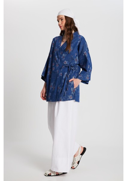 Kadın Indigo Jakar Desenli Kot Kimono Ceket 29151 fırsatları