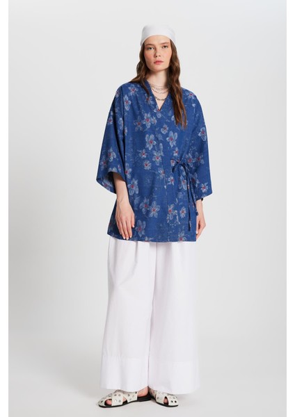 Kadın Indigo Jakar Desenli Kot Kimono Ceket 29151 indirimleri