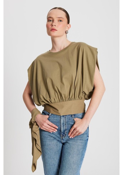 Kadın Haki Örme ve Dokuma Garnili Tasarım Bluz 29157