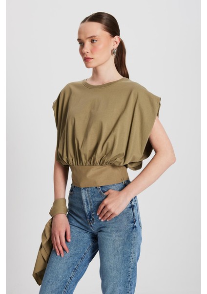 Kadın Haki Örme ve Dokuma Garnili Tasarım Bluz 29157 modelleri