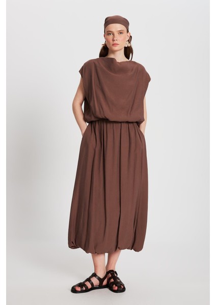 Kadın Kahve Modal Kumaş Alt/üst Bluz ve Etek Balon Takım 29237