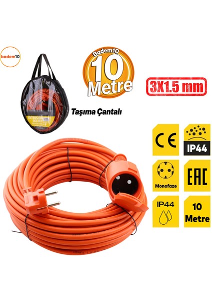 CCA Uzatma Kablosu 3x1.5 mm 10 Metre Kablolu Tekli Grup Fiş Priz Topraklı Kapaklı Monofaze Ev Tipi
