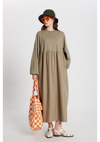 Haki Üstü Penye Altı Dokuma Oversize Uzun Kollu Uzun Elbise 28169