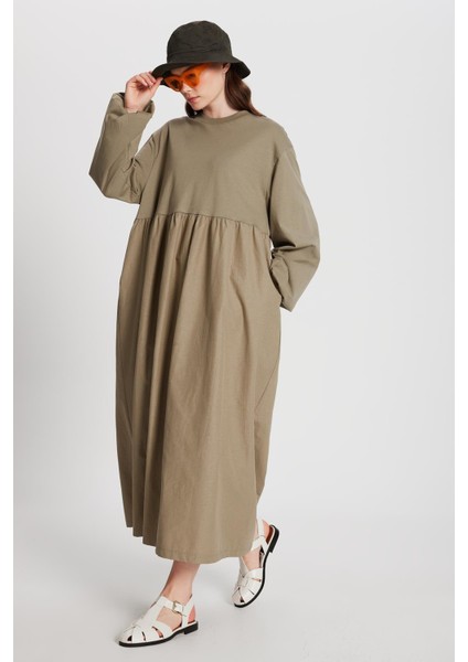 Haki Üstü Penye Altı Dokuma Oversize Uzun Kollu Uzun Elbise 28169 fiyatları