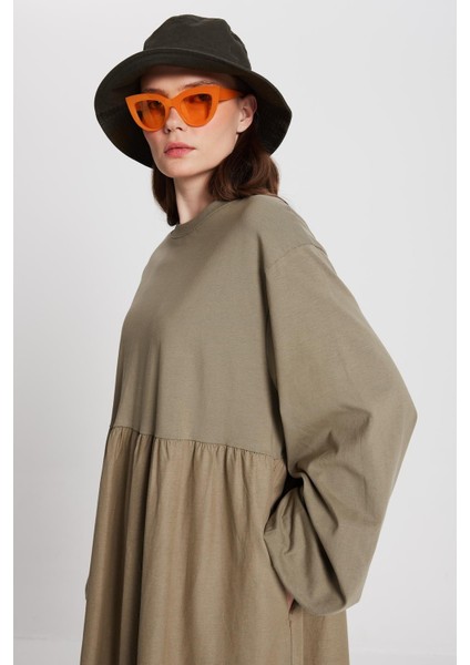 Haki Üstü Penye Altı Dokuma Oversize Uzun Kollu Uzun Elbise 28169 modelleri