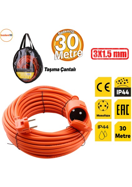 Uzatma Kablosu 3x1.5 mm 30 Metre Topraklı Kablolu Tekli Grup Fiş Priz Kapaklı Monofaze Ev Tipi