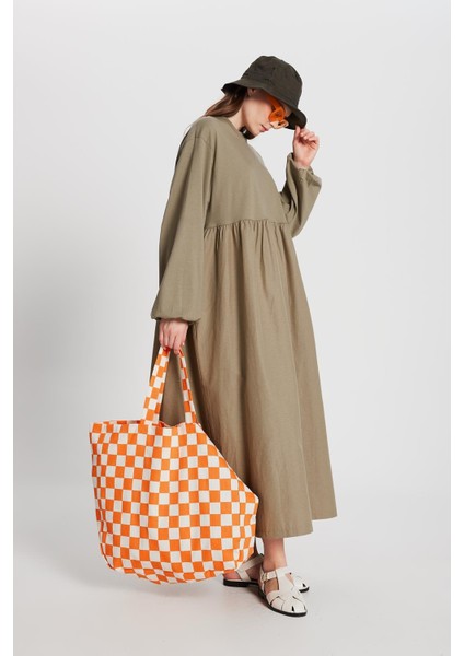 Haki Üstü Penye Altı Dokuma Oversize Uzun Kollu Uzun Elbise 28169 fırsatları