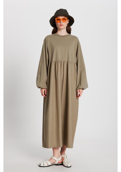Haki Üstü Penye Altı Dokuma Oversize Uzun Kollu Uzun Elbise 28169 indirimleri