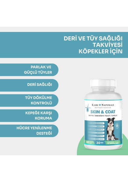 Skin&coat, Deri ve Tüy Sağlığı Takviye, Bira Mayası, Sarımsak, Mos, Spirulina, 60 Tablet