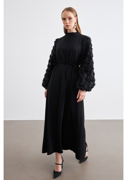 Kolları Gül Detaylı Elbise - Siyah modelleri