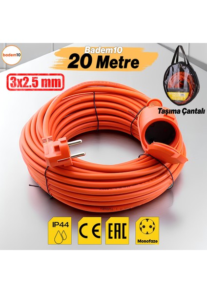 Uzatma Kablosu 20 Metre 3x2.5 mm Tekli Grup Fiş Priz Kapaklı Monofaze Ev Tipi Topraklı Kablolu