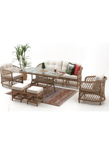 Palm Alüminyum Rattan Bahçe Balkon Oturma Grubu (3+1+1+Masa ) Cappucino -Krem fiyatları