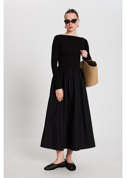 Kadın Siyah Örme ve Dokuma Garnili Elbise 29155