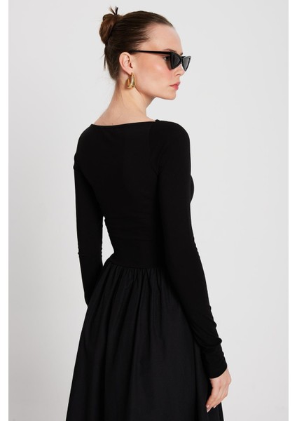 Kadın Siyah Örme ve Dokuma Garnili Elbise 29155 modelleri