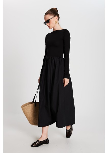 Kadın Siyah Örme ve Dokuma Garnili Elbise 29155 fırsatları