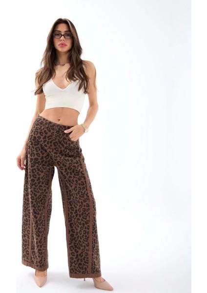 Kadın Leopar Desenli Geniş Paça Normal Bel Pantolon