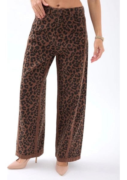 Kadın Leopar Desenli Geniş Paça Normal Bel Pantolon