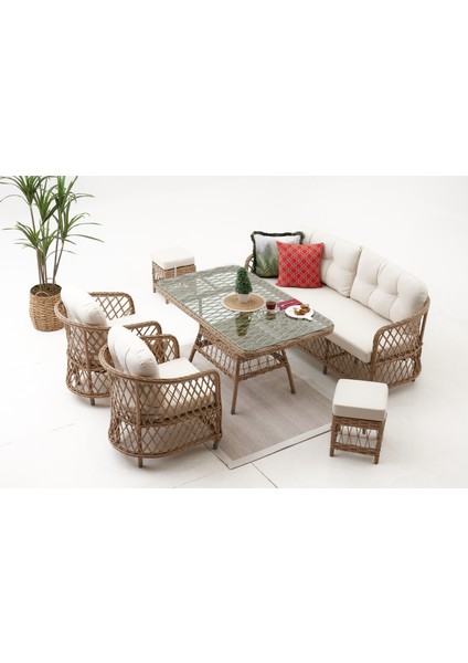 Palm Alüminyum Rattan Bahçe Balkon Oturma Grubu (3+1+1+Masa ) Cappucino -Krem fırsatları