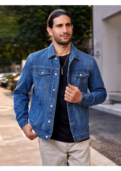 Erkek Düğmeli Likralı Slim Fit Kot Ceket