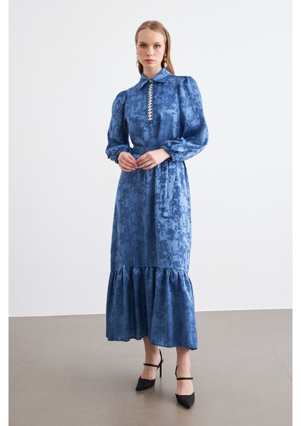 Mayra Taşlı Jakar Elbise - Indigo