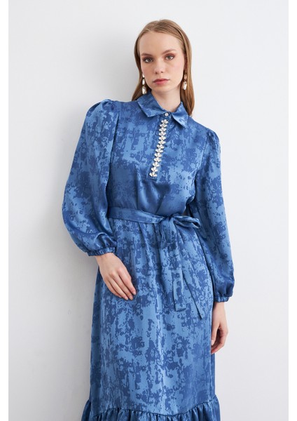 Mayra Taşlı Jakar Elbise - Indigo fiyatları