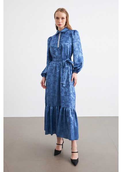 Mayra Taşlı Jakar Elbise - Indigo fırsatları